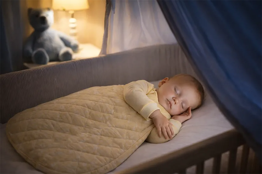Baby slaapt rustig in een slaapzak in bedje